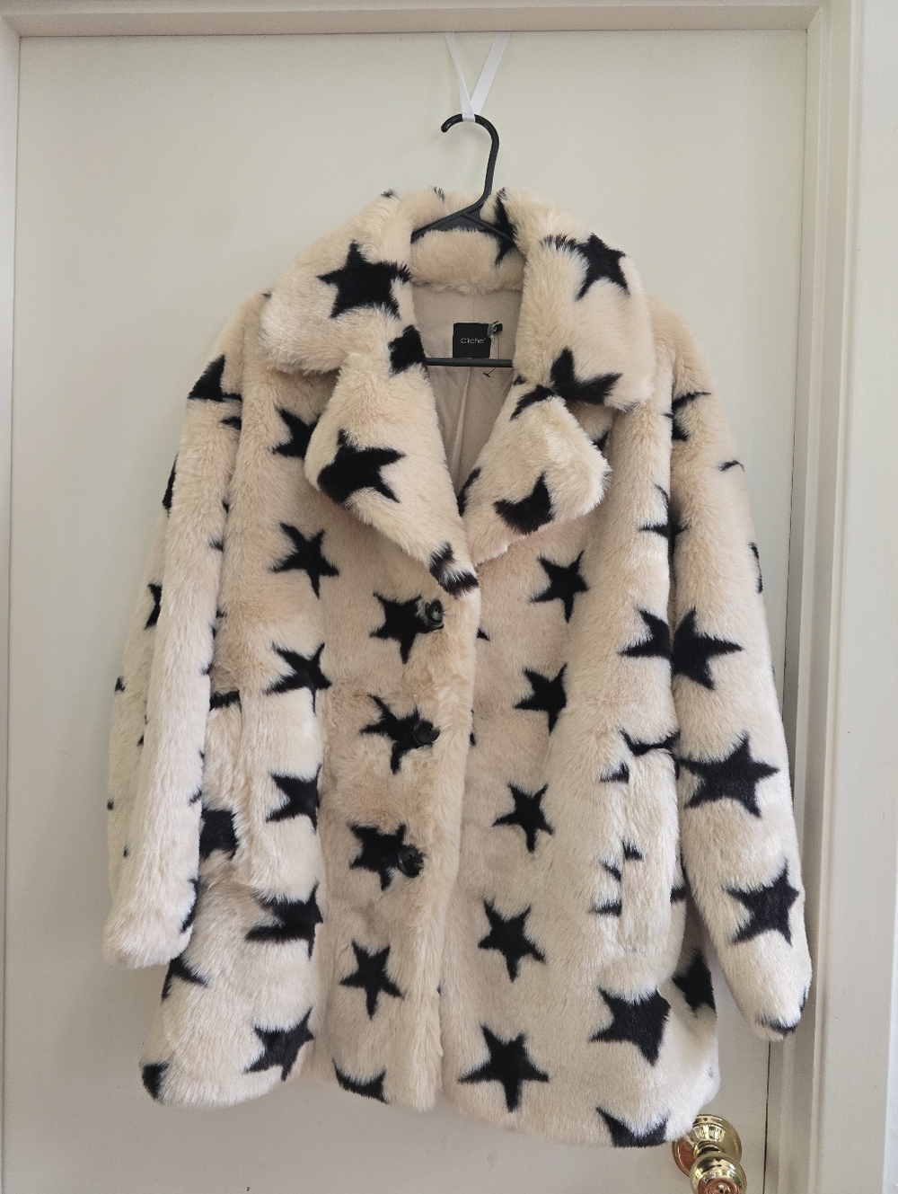 NWOT Cliché Faux Fur Star Print Statement Coat - Cream & Black - Picture 8 of 11